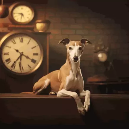 Passage à l'heure d'hiver avec mon Whippet : un Whippet est assis sur un meuble en bois, entouré de plusieurs horloges dans une pièce au style rétro, évoquant le thème du temps.