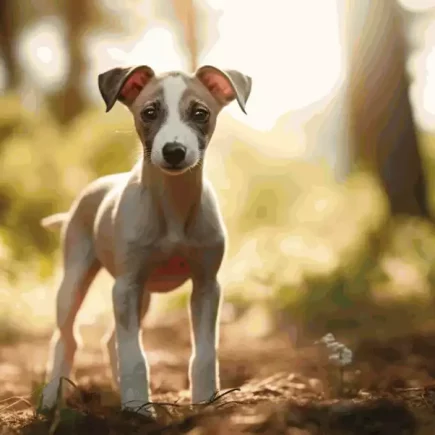 Combien de temps de balade pour un chiot Whippet ? Un jeune chiot Whippet blanc avec des taches brunes, debout dans une forêt. La lumière du soleil est tamisée à travers les arbres. On a l'impression d'une pause pendant une balade.