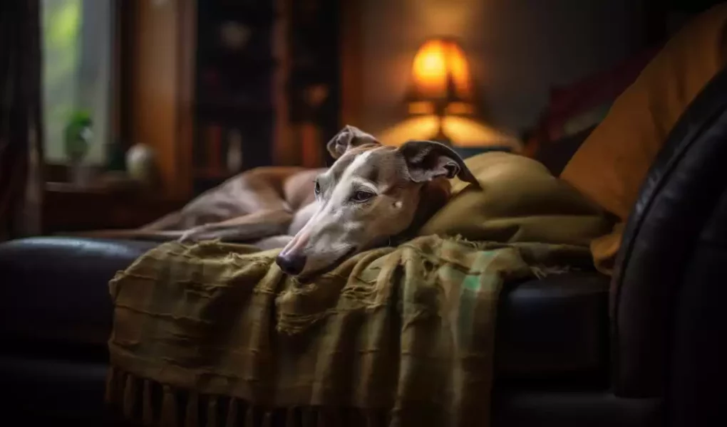 La démence chez le Whippet sénior : un Whippet senior reposant tranquillement sur un canapé en cuir. Il est allongé sur des coussins jaunes, la tête reposant sur le bord du canapé, couvert d'un plaid à carreaux verts et jaunes. L'ambiance est chaleureuse et accueillante, accentuée par une lumière tamisée provenant d'une lampe en arrière-plan. Le chien a l'air détendu mais attentif, ses yeux grands ouverts fixant quelque chose hors de la portée de l'image, peut-être reflétant les changements comportementaux associés à la sénescence chez les animaux.