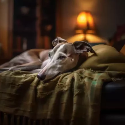 La démence chez le Whippet sénior : un Whippet senior reposant tranquillement sur un canapé en cuir. Il est allongé sur des coussins jaunes, la tête reposant sur le bord du canapé, couvert d'un plaid à carreaux verts et jaunes. L'ambiance est chaleureuse et accueillante, accentuée par une lumière tamisée provenant d'une lampe en arrière-plan. Le chien a l'air détendu mais attentif, ses yeux grands ouverts fixant quelque chose hors de la portée de l'image, peut-être reflétant les changements comportementaux associés à la sénescence chez les animaux.