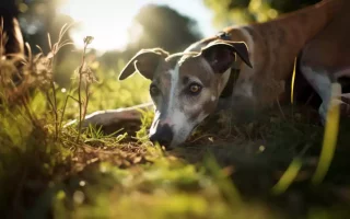 Leptospirose canine et Whippets : un Whippet allongé paisiblement dans l'herbe, éclairé par la lumière douce du soleil. Son regard est attentif, reflétant peut-être sa curiosité ou son attente des directives de son maître. Ce cadre naturel et serein souligne l'importance des activités extérieures tout en rappelant aux propriétaires de Whippets la nécessité de rester vigilants quant aux environnements extérieurs qui pourraient exposer leurs animaux à des maladies telles que la leptospirose canine.