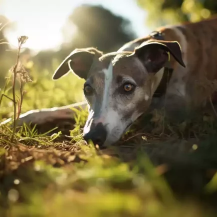 Leptospirose canine et Whippets : un Whippet allongé paisiblement dans l'herbe, éclairé par la lumière douce du soleil. Son regard est attentif, reflétant peut-être sa curiosité ou son attente des directives de son maître. Ce cadre naturel et serein souligne l'importance des activités extérieures tout en rappelant aux propriétaires de Whippets la nécessité de rester vigilants quant aux environnements extérieurs qui pourraient exposer leurs animaux à des maladies telles que la leptospirose canine.