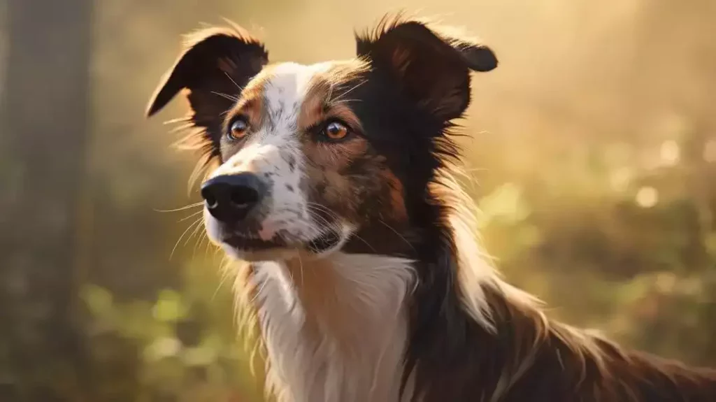 Les Whippets croisés : portrait d'un Border Collie cross, baigné dans une lumière dorée suggestive d'un coucher ou lever de soleil. Les marques uniques sur son pelage bicolore, mêlant des teintes de noir, blanc et feu, ainsi que ses yeux pénétrants et son oreille dressée confèrent à ce chien un regard vif et une présence remarquable. L'arrière-plan flou évoque un cadre naturel paisible, peut-être une forêt ou un champ, qui complète harmonieusement la beauté sereine de l'animal.