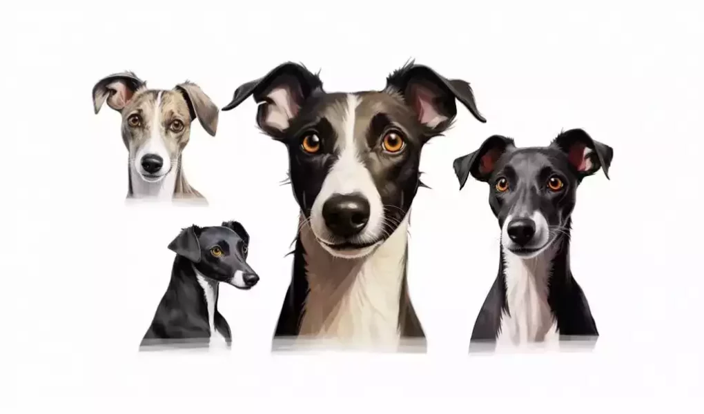 Les Whippets croisés : série de portraits de Whippets croisés. Ces chiens élégants et sveltes affichent des oreilles dressées et de grands yeux expressifs, leur donnant un air à la fois attentif et curieux. Leur pelage varie du fauve clair au noir profond, avec des marquages blancs distinctifs qui accentuent leur apparence sophistiquée. Cette collection souligne la diversité et la beauté unique de ces compagnons canins.