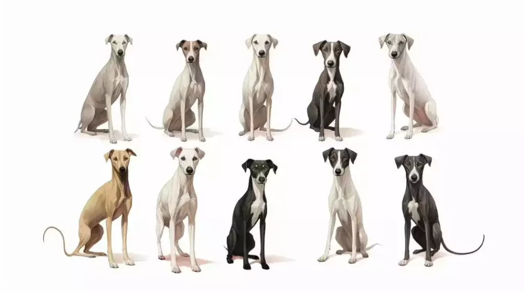 Les Whippets croisés : une élégante collection de Whippets, affichant une variété de robes et de postures. On y voit des chiens aux couleurs allant du gris argenté au fauve, en passant par le noir et blanc, disposés en deux rangées ordonnées. Leur silhouette svelte et leurs longues pattes sont typiques de la race, connue pour sa grâce et sa rapidité. Chaque Whippet regarde droit devant lui avec des expressions attentives et des yeux brillants, capturant l'essence de ces créatures délicates et puissantes.