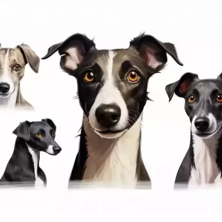 Les Whippets croisés : série de portraits de Whippets croisés. Ces chiens élégants et sveltes affichent des oreilles dressées et de grands yeux expressifs, leur donnant un air à la fois attentif et curieux. Leur pelage varie du fauve clair au noir profond, avec des marquages blancs distinctifs qui accentuent leur apparence sophistiquée. Cette collection souligne la diversité et la beauté unique de ces compagnons canins.