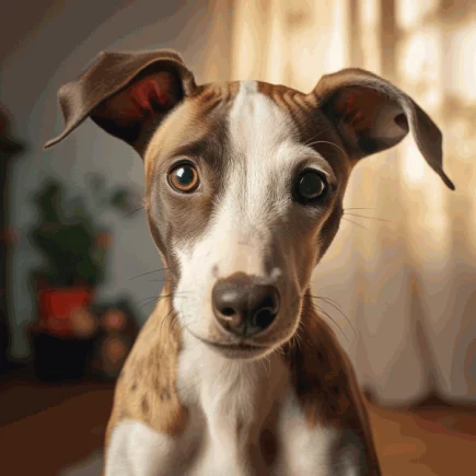Le Whippet chiot : La checklist ultime pour accueillir un Whippet dans ma Vie ! Un chiot Whippet qui nous regarde directement. Il a de grands yeux expressifs et des oreilles dressées et souples. Sa robe est de couleur claire avec des taches marron. L'arrière-plan est flou, suggérant un intérieur domestique avec une lumière douce venant d'une fenêtre. Son expression est attentive et curieuse, typique de la nature enjouée et douce de la race.