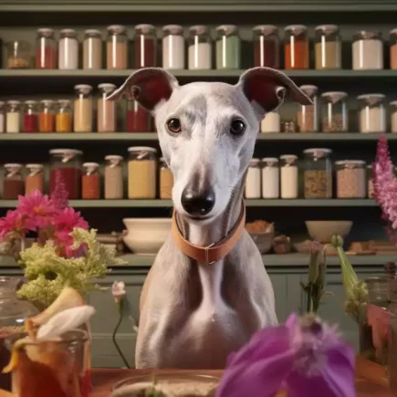 Le pouvoir de la thérapie florale de Bach pour les Whippets : un Whippet dans une pièce remplie de bocaux d'herbes et d'épices alignés sur des étagères. Le chien est au centre, entouré de fleurs colorées et de pots de plantes, évoquant un environnement apaisant et thérapeutique. Cela suggère une harmonie entre la nature et le bien-être animal, et pourrait représenter le concept de "Le pouvoir de la thérapie florale de Bach pour les Whippets", mettant en lumière une approche holistique de la santé animale.