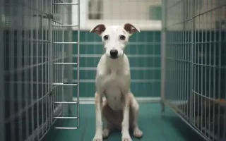 Maladie de Carré : un jeune Whippet se trouvant dans une cage métallique ouverte, ce qui suggère un environnement de refuge ou de clinique vétérinaire. Le chien a une robe principalement blanche avec des taches marron clair sur ses oreilles et autour de ses yeux. Ses yeux expriment une certaine tristesse ou peut-être de la fatigue, ce qui pourrait évoquer les symptômes d'un état maladif comme la maladie de Carré. Cette maladie virale est grave chez les chiens et peut présenter divers symptômes comme de la fièvre, des écoulements nasaux ou oculaires, une léthargie, ou encore des signes neurologiques. L'aspect clinique du cadre renforce cette hypothèse.