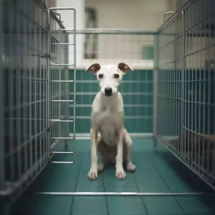 Maladie de Carré : un jeune Whippet se trouvant dans une cage métallique ouverte, ce qui suggère un environnement de refuge ou de clinique vétérinaire. Le chien a une robe principalement blanche avec des taches marron clair sur ses oreilles et autour de ses yeux. Ses yeux expriment une certaine tristesse ou peut-être de la fatigue, ce qui pourrait évoquer les symptômes d'un état maladif comme la maladie de Carré. Cette maladie virale est grave chez les chiens et peut présenter divers symptômes comme de la fièvre, des écoulements nasaux ou oculaires, une léthargie, ou encore des signes neurologiques. L'aspect clinique du cadre renforce cette hypothèse.