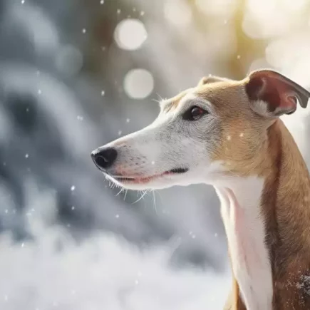 Comment protéger votre Whippet du froid et de la neige ? 10 conseils essentiels. Un Whippet brun aux oreilles dressées et au regard attentif se tient dans un paysage hivernal enneigé, les flocons de neige tombant délicatement autour de lui. Le manteau de neige sur son pelage souligne l'importance de protéger les Whippets du froid. Cette image illustre parfaitement la nécessité de suivre des conseils avisés pour assurer le confort et la sécurité de ces chiens élégants pendant les mois neigeux.