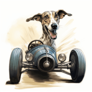 5 choses surprenantes que vous ne saviez pas sur les Whippets ! un Whippet au volant d'une vieille décapotable de course bleue, lancée à toute vitesse, style cartoon.