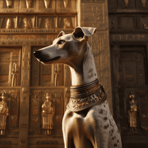 5 choses surprenantes sur les Whippets : un Whippet tacheté orné d'un magnifique collier décoré, devant un temple de style égyptien.