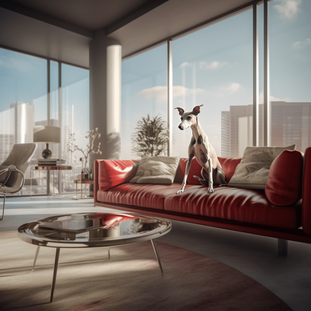 5 choses surprenantes sur les Whippets : un Whippet assis sur un canapé de cuir rouge, au milieu d'un salon contemporain entouré de grandes baies vitrées, vue sur une buildings modernes plus loin.