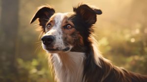 À la découverte des Whippets croisés : portrait d'un Border Collie cross, baigné dans une lumière dorée suggestive d'un coucher ou lever de soleil. Les marques uniques sur son pelage bicolore, mêlant des teintes de noir, blanc et feu, ainsi que ses yeux pénétrants et son oreille dressée confèrent à ce chien un regard vif et une présence remarquable. L'arrière-plan flou évoque un cadre naturel paisible, peut-être une forêt ou un champ, qui complète harmonieusement la beauté sereine de l'animal.