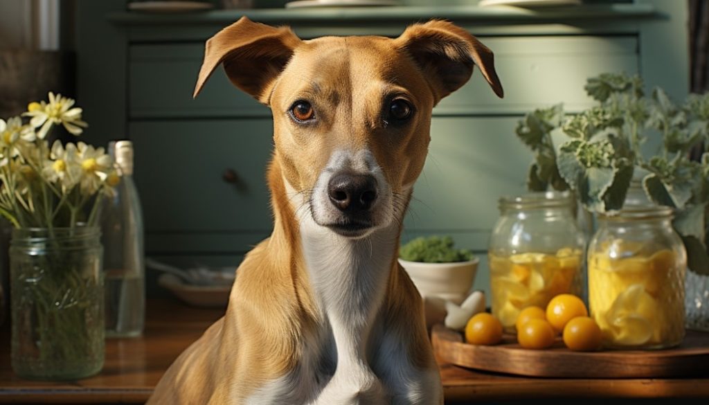 Un whippet cross, un mélange de whippet avec une autre race, posant fièrement dans une cuisine contemporaine baignée de lumière naturelle. Le chien, avec son pelage lisse et ses oreilles caractéristiques dressées, a un air attentif et curieux. En arrière-plan, des éléments de décoration rustique comme des fleurs, des légumes verts et des bocaux de conserves ajoutent une touche chaleureuse à l'atmosphère. L'image capture l'élégance naturelle et la beauté d'un whippet cross dans un environnement domestique.