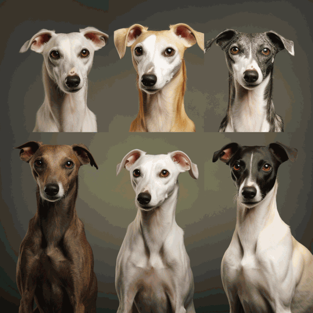 A la découverte des origines du Whippet : 6 Whippets aux robes de différentes couleurs regardant  bien fixement la caméra.