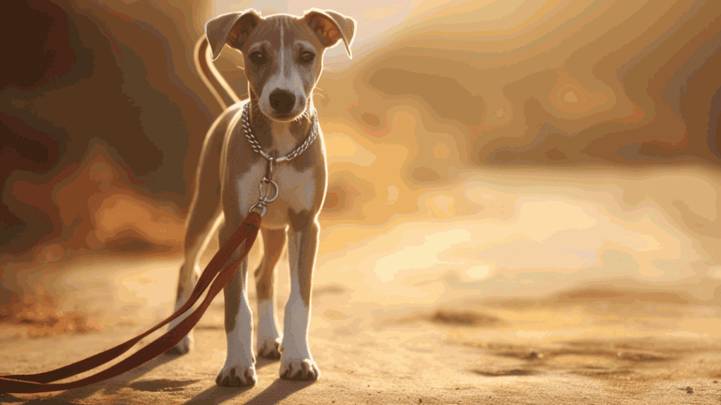 Combien de temps de balade pour un chiot Whippet ? Un chiot Whippet couleur crème avec un collier et une laisse rouge, se tenant sur un chemin baigné par la lumière dorée du soleil couchant, évoquant une balade tranquille en fin de journée.