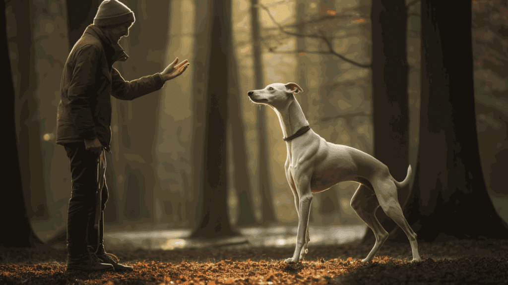 Clicker training et Whippets : un Whippet, dans une forêt, debout face à un homme qui lui tend la main. Le chien est attentif à l'homme et son corps montre une posture élégante et concentrée. La lumière filtre à travers les arbres, créant un effet dramatique et mettant en valeur la scène d'interaction entre l'homme et l'animal. Les feuilles mortes au sol indiquent que la saison pourrait être l'automne.