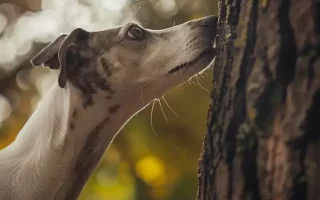 Gérer les instincts de chasse chez le Whippet : un Whippet au pelage moucheté, avec une expression concentrée et curieuse, reniflant avec intérêt l'écorce d'un arbre. Cette scène illustre parfaitement la gestion de l'instinct de chasse chez le Whippet, où son attention aiguë est dirigée vers la recherche de pistes olfactives, un comportement typique reflétant sa nature de chasseur agile et perspicace.