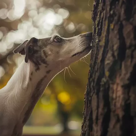 Gérer les instincts de chasse chez le Whippet : un Whippet au pelage moucheté, avec une expression concentrée et curieuse, reniflant avec intérêt l'écorce d'un arbre. Cette scène illustre parfaitement la gestion de l'instinct de chasse chez le Whippet, où son attention aiguë est dirigée vers la recherche de pistes olfactives, un comportement typique reflétant sa nature de chasseur agile et perspicace.