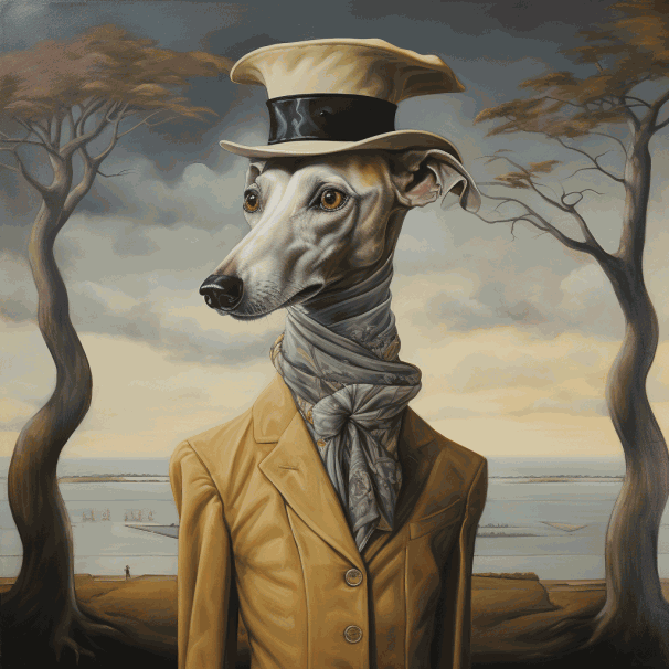 L'Intelligence Artificielle et le Whippet: illustration créée par l'IA d'un Whippet dans le style surréaliste.