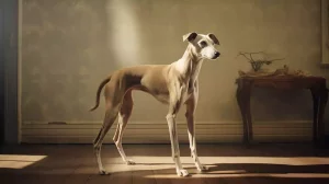 La démence chez le Whippet sénior : un Whippet âgé debout dans une pièce éclairée par une lumière naturelle douce, qui semble venir d'une fenêtre. Le chien, élégant et au pelage brun clair avec des marques blanches, regarde hors de l'image l'air désorienté. L'arrière-plan est une pièce au style classique avec des murs ornés et un vieux meuble en bois. L'image dégage malgré tout une atmosphère calme et sereine.