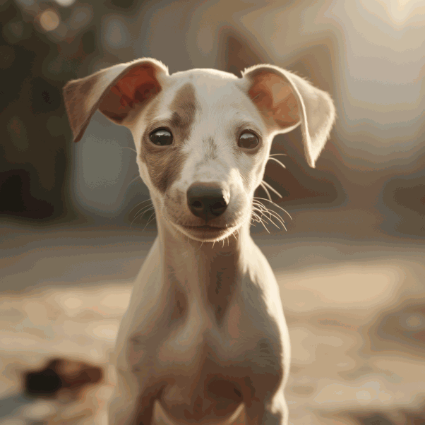 Le Whippet chiot : un chiot Whippet au regard doux et curieux. Ses oreilles sont grandes et légèrement tombantes, et son pelage est d'une couleur crème douce avec des nuances de blanc. Le chiot est devant un fond qui pourrait être une cour ou un espace extérieur, baigné dans une lumière chaude et naturelle, possiblement celle du matin ou de la fin d'après-midi. Son expression est calme et attendrissante, caractéristique de la jeunesse et de l'innocence d'un chiot.