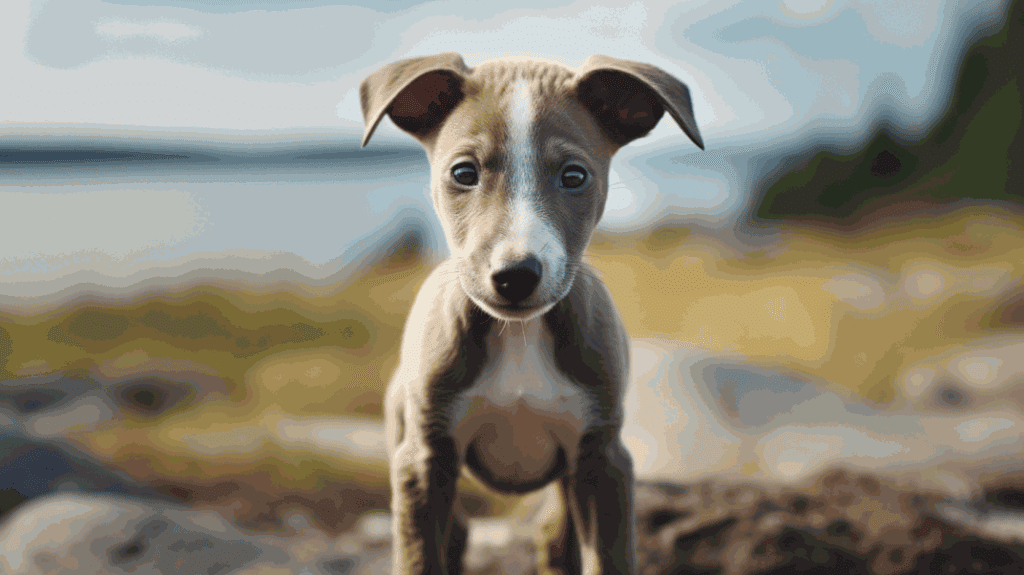 Un petit chien, de race Whippet, avec un pelage gris et blanc, debout dans un environnement naturel qui semble être une zone côtière rocheuse.
