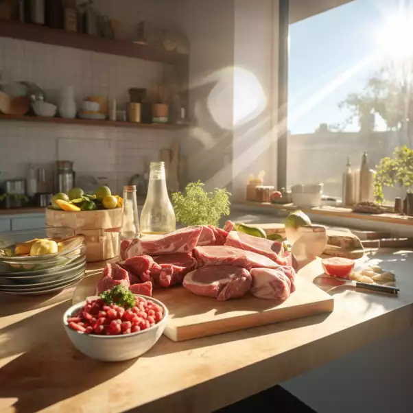 Sur un plan de travail en bois, une variété de viandes rouges sont disposées sur une planche à découper, prêtes à être cuisinées. À côté, on trouve un bol de viande hachée. En arrière-plan, la cuisine est bien équipée et organisée, avec des étagères remplies de pots et de contenants variés. Des ingrédients frais comme des citrons et des herbes sont visibles, ainsi qu'une bouteille de verre. L'atmosphère est accueillante et invite à la préparation d'un repas savoureux.