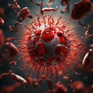 Maladie de Carré : un virus, probablement celui de la maladie de Carré, entouré de cellules sanguines, avec une structure sphérique complexe et des protubérances caractéristiques permettant l'attachement aux cellules hôtes.
