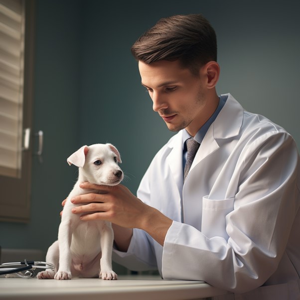 Un vétérinaire en blouse blanche examinant attentivement un jeune chien blanc qui semble être sur une table d'examen. Le professionnel semble concentré et doux avec l'animal.