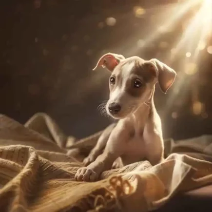 Propreté du chiot : un chiot Whippet repose sereinement sur un tissu texturé, baigné par une lumière chaude qui souligne sa silhouette délicate et ses traits attentifs. L'image évoque la sérénité et la pureté, des éléments essentiels à l'apprentissage de la propreté du chiot.