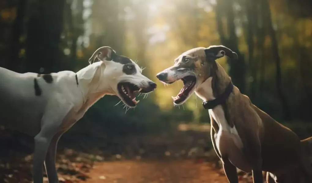 Rééducation du Whippet : deux Whippets en pleine interaction dans un bois baigné de lumière. Ils semblent tous deux exprimer de l'énergie, avec des bouches ouvertes, ce qui peut parfois être mal interprété comme de l'agressivité. C'est dans des moments comme celui-ci que la rééducation d'un Whippet peut être cruciale, pour enseigner à l'animal à modérer sa réaction et à interagir de manière appropriée avec ses congénères.