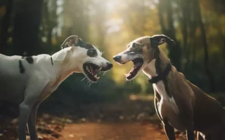 Rééducation du Whippet : deux Whippets en pleine interaction dans un bois baignĂ© de lumiĂšre. Ils semblent tous deux exprimer de l'Ă©nergie, avec des bouches ouvertes, ce qui peut parfois ĂȘtre mal interprĂ©tĂ© comme de l'agressivitĂ©. C'est dans des moments comme celui-ci que la rééducation d'un Whippet peut ĂȘtre cruciale, pour enseigner Ă  l'animal Ă  modĂ©rer sa rĂ©action et Ă  interagir de maniĂšre appropriĂ©e avec ses congĂ©nĂšres.