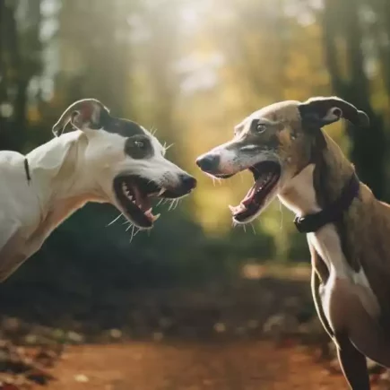Rééducation du Whippet : deux Whippets en pleine interaction dans un bois baigné de lumière. Ils semblent tous deux exprimer de l'énergie, avec des bouches ouvertes, ce qui peut parfois être mal interprété comme de l'agressivité. C'est dans des moments comme celui-ci que la rééducation d'un Whippet peut être cruciale, pour enseigner à l'animal à modérer sa réaction et à interagir de manière appropriée avec ses congénères.
