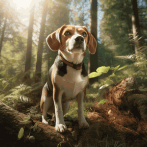 Whippet compatibilité : le TOP 10 ! Portrait hyper réaliste d'un beagle assis sur une tronc couché dans une forêt, éclairage doux