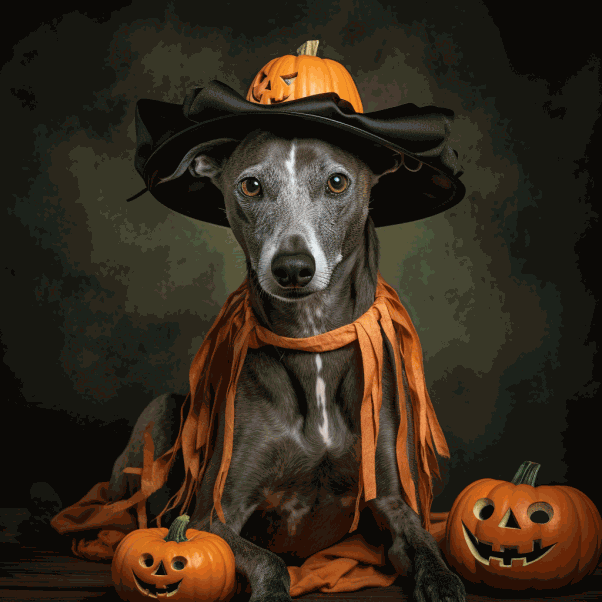 Whippets et Halloween : portrait d'un Whippet gris et blanc déguisé pour Halloween. Il porte un chapeau noir surmonté d'une citrouille au visage effrayant, et un collier à franges orange. 2 citrouilles découpées l'entourent. L'arrière plan est sombre mais lumineux.