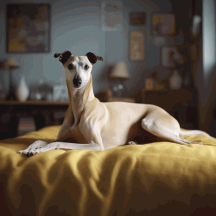 Arthrose canine : un Whippet reposant majestueusement sur un lit jaune vif, son allure noble contrastant avec l'ombre de l'arthrose canine, un spectre qui menace la mobilité et le bien-être de ces gracieux canidés.