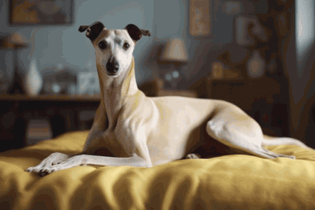 Arthrose canine : un Whippet reposant majestueusement sur un lit jaune vif, son allure noble contrastant avec l'ombre de l'arthrose canine, un spectre qui menace la mobilité et le bien-être de ces gracieux canidés.