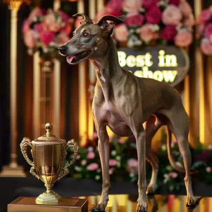 Crufts : un whippet rayonnant, probablement le vainqueur de la compétition, posant à côté d'un élégant trophée avec l'inscription "Best in show" en arrière-plan, évoquant l'ambiance prestigieuse de Crufts.