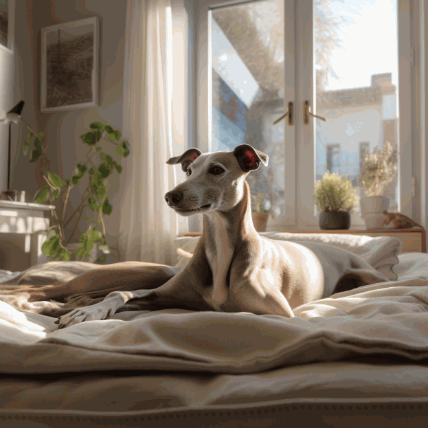 Un Whippet adulte reposant paisiblement sur un lit moelleux, baigné par la lumière naturelle d'une fenêtre. Pour le bien-être d'un Whippet, il est essentiel de lui fournir un espace de repos confortable et chaleureux, ainsi que beaucoup d'amour et d'attention.