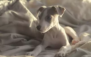 Les indispensables pour votre Whippet : un adorable chiot Whippet qui semble être confortablement allongé sur une couverture douillette. Pour prendre soin d'un Whippet, certains articles sont essentiels : un lit doux et chaud comme celui sur lequel il est couché, est crucial pour le confort de ces chiens qui ont peu de graisse corporelle.