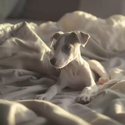 Les indispensables pour votre Whippet : un adorable chiot Whippet qui semble être confortablement allongé sur une couverture douillette. Pour prendre soin d'un Whippet, certains articles sont essentiels : un lit doux et chaud comme celui sur lequel il est couché, est crucial pour le confort de ces chiens qui ont peu de graisse corporelle.