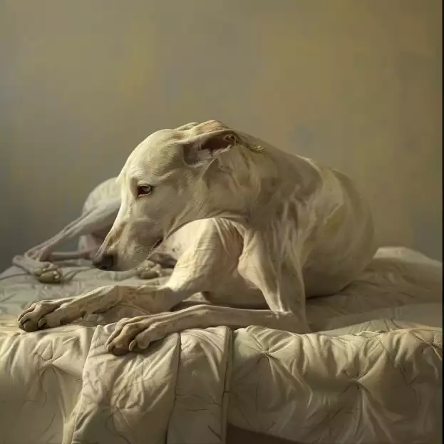Un Whippet blanc, allongé sur une couette, porte un regard mélancolique vers le côté. 
