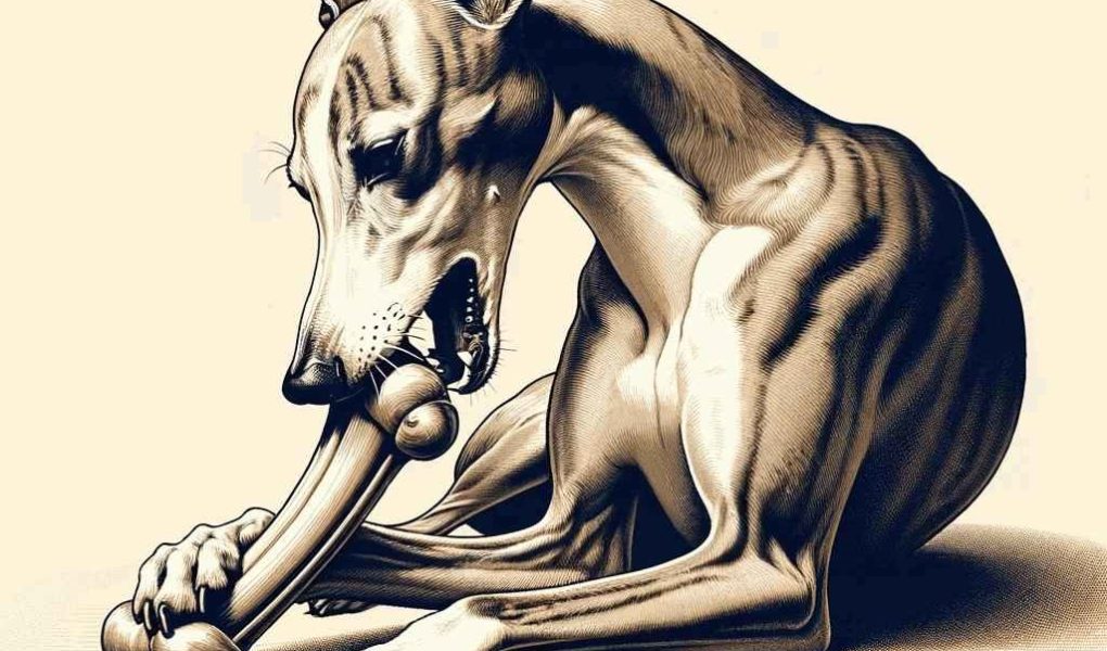 Mastication chez le Whippet : l'illustration d'un Whippet en train de ronger un os.