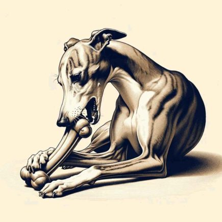 Mastication chez le Whippet : l'illustration d'un Whippet en train de ronger un os.