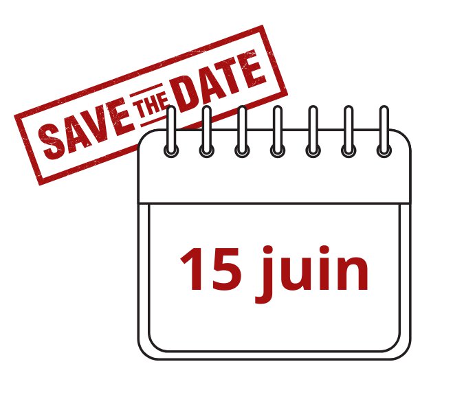 Carnaval d'articles : Un calendrier ouvert sur la date du 15 juin, marquée en rouge, avec un tampon "SAVE THE DATE" appliqué en diagonale sur le coin supérieur gauche, indiquant un événement important ou un rappel à ne pas oublier à cette date.
