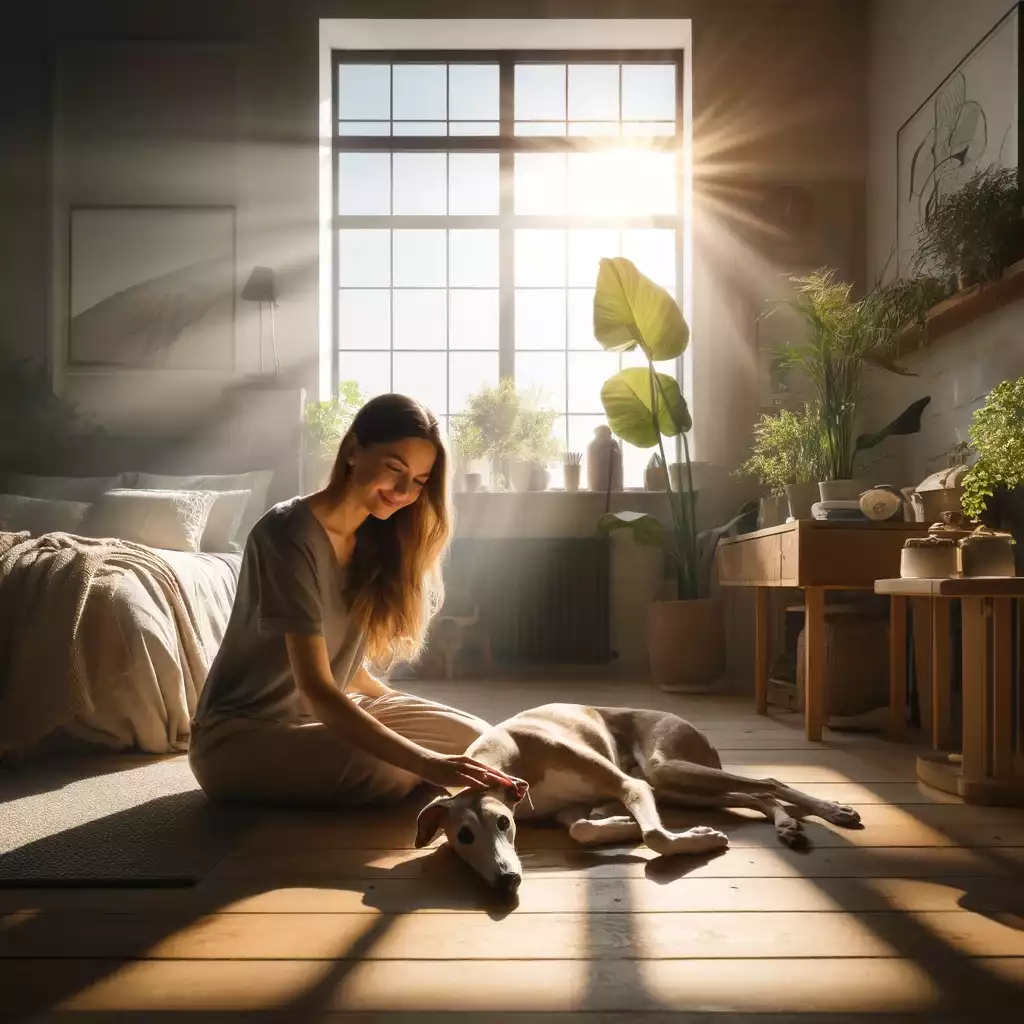 Dans cette chambre baignée par la lumière dorée du crépuscule, une femme partage un moment de complicité avec son Whippet détendu. Le coucher de soleil filtre à travers la fenêtre, drapant tout l'espace d'une chaude tranquillité. Les caresses de la femme apaisent son Whippet, illustrant un moment paisible de fin de journée où les soucis s'estompent et ne reste que la tendre connexion entre eux.