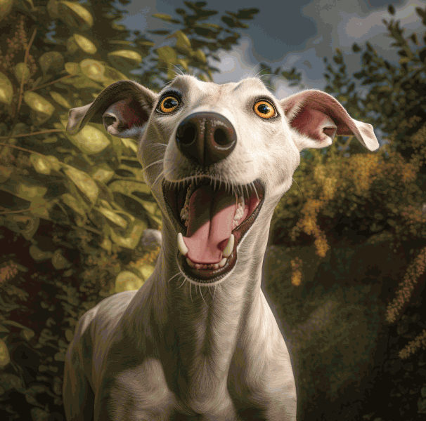 Eveiller la joie de votre Whippet : image parfaite de la réaction d'un Whippet lorsque vous consacrez du temps à nourrir son bonheur au quotidien. Son regard pétillant et son sourire exubérant, entouré d'un feuillage luxuriant, reflètent le pur bonheur. L'éclat dans ses yeux et son expression ouverte et joyeuse sont le témoignage de l'allégresse qu'éprouve un Whippet lorsqu'il est aimé et épanoui.